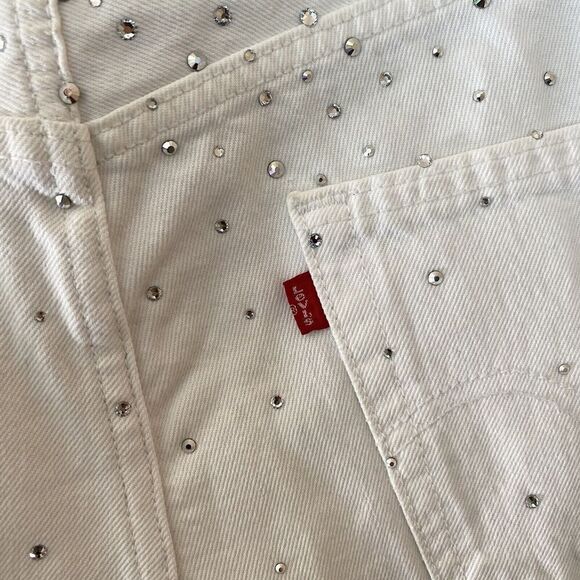 Re/done & PAM Levis White Denim Crystal Denim Wrap Mini Skirt NWT Sz 25 $495 - Picture 10 of 12